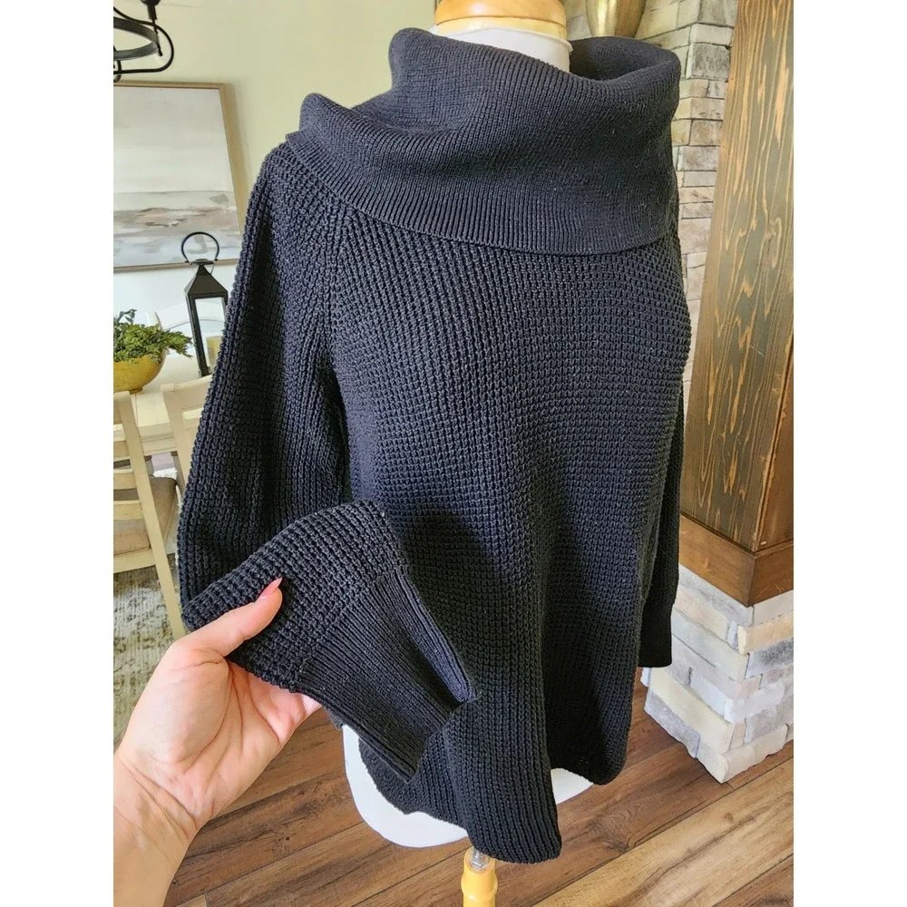 Michael Kors Womens Black Cowl Neck Waffle Knit Sweater Size Medium Cotton Blend